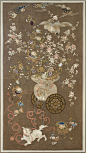 Title: Embroidery of Dog and Wagon  Artist: Unknown (Japanese)  Year: c. 1890    Materials/Techniques: Silk and gold thread embroidery  Price contact gallery