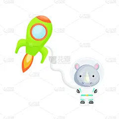 犀牛,宇航员,可爱的,唱片,插画,小的,图画书,明信片,请柬,剪贴本