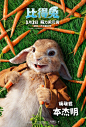 《比得兔》发布中文角色海报，好多兔纸><詹姆斯·柯登配音贱萌的比得兔，玛格特·罗比配音俏皮的Flopsy、黛西·雷德利配音绒绒的的“棉尾巴”，伊丽莎白·德比奇配音伶俐的Mopsy，科林·穆迪配音大个儿、超萌的垂耳兔Benji。北美2月9日上映，中国内地3月2日上映。 ​​​​