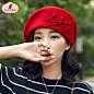 新款特惠韩版羊毛呢帽子秋冬季花朵女帽贝雷帽女士毡帽礼帽空姐帽