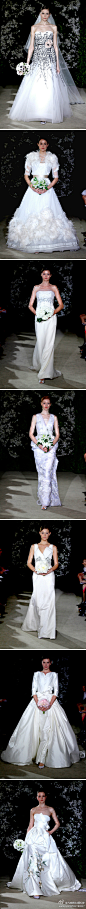 【2012春夏婚纱时装周 卡罗琳娜(Carolina Herrera)2012婚纱系列发布会】Carolina在这个系列中，延续简约和流畅的设计风格。总体样式是标准的欧式婚纱，细节部分则融入她少用的东方元素。利用不同面料的光泽度对比、立体花纹与珠宝镶嵌的组合，产生丰富多变的质感。