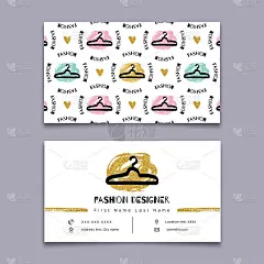 时尚设计师名片，造型师，现代潮人简约设计。图形标记手绘，金色和黑色的元素在白色的背景。画衣架无缝图案