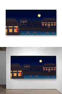 中国风古建筑夜晚插画-众图网