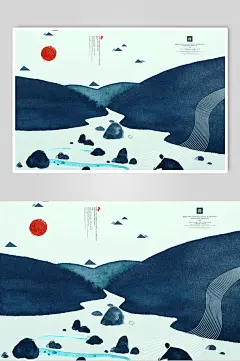 唯美梦幻手绘天空红日山河艺术插画