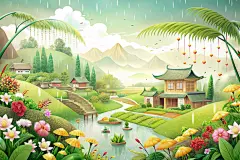 简约植物建筑夏天清明节场景素材图