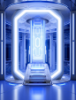an image of a futuristic elevator, in the style of light indigo and white, futuristic sci-fi aesthetic, rtx on, calming symmetry, vibrant, high-energy imagery, tabletop photography, schizocore