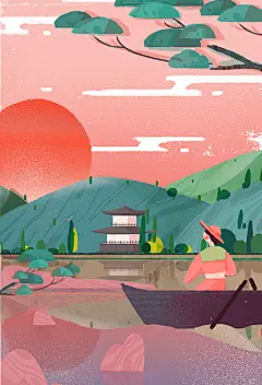 红绿高级感大气手绘日本浮世绘插画
