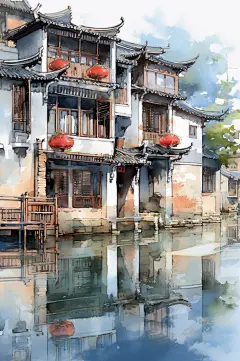 AI数字艺术水墨风徽派建筑江南水乡插画