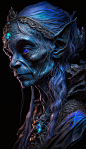 Close up portrait designed by Jean-Baptiste Monge and Erin Hanson, An elven goblin made of translucent flowing silk fabric made of molten Labradorite and liquid lapis lazuli and liquid tourmaline, backlit photography on a black background, vibrant silky, 