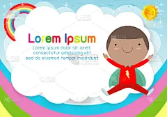 超级英雄小孩的背景。广告宣传册模板，你的文字。可爱的小超级英雄儿童。孩子和框架，孩子和框架。向量