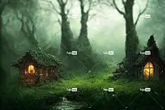 森林 大自然壁纸 树木 木屋 幻想 梦幻森林 幻想艺术 高清壁纸