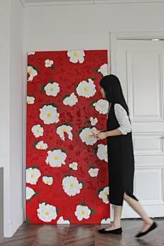 coco山茶花厚彩手绘艺术屏风墙绘式超大装饰画客厅油画横向挂沙发-淘宝网