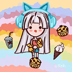 Q版可爱小头像| 萌萌哒少女|银发女生|耳机|插画|手绘|吃货|彩虹色|By花音橙