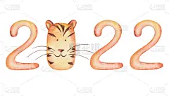 水彩插图手绘橙色数字2022和虎头孤立在白色。中国农历新年的象征