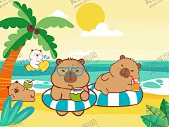 夏日卡皮巴拉 【酷图网】夏日卡皮巴拉,可爱卡通,小海豚,卡皮巴拉,可爱小海豚,小动物,萌趣可爱,儿童产品印花,网红图案,服装图案,文具图案,AI,设计图,卡皮,卡通图案设计