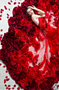 Dominique Nadine, Gorgeous artistic red floral roses flowers photo of woman in vibrant red fashion dress, colorful floral petals and flowers feminine romantic image