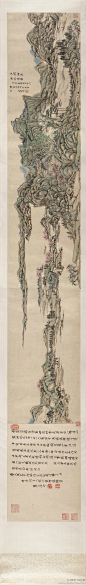 【 清 王原祁 《江上垂纶图》 】卷，纸本设色，26×146.1cm，美国大都会博物馆藏。此卷设色淡雅，用笔老辣，是其晚年由黄公望为宗，师法元代绘画，用干焦墨，层层皴擦的精道之作。画家不受古法约束，笔端似有金刚杵之力，画面达到了所谓熟不甜、生不涩、淡而厚、实而清的艺术境界，实非易事。