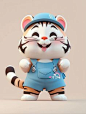 a pink tiger doll with big eyes and an orange nose is posed in front of a gray background