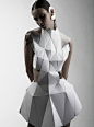 Geometric Fashion - white dress with faceted 3D structure using connecting triangle shapes - experimental fashion design; wearable art // Biophelia