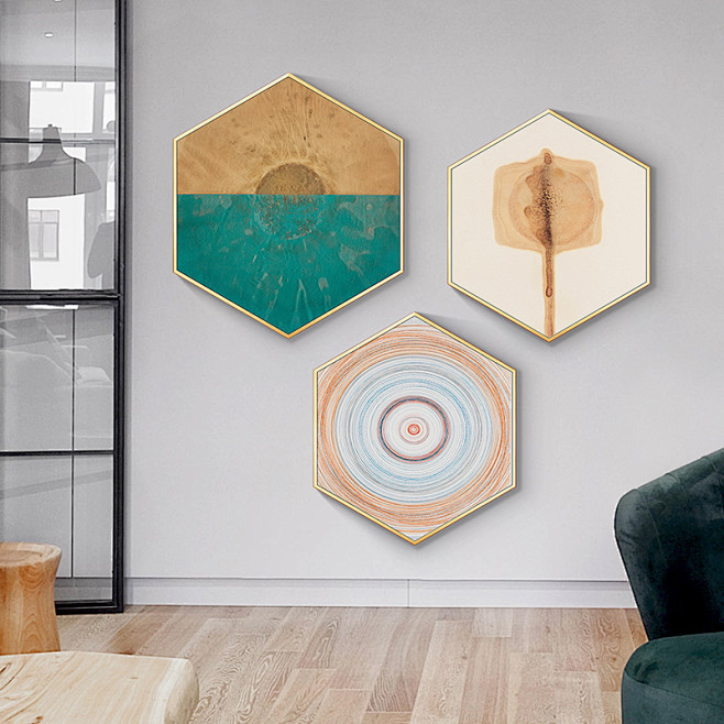 六边形抽象装饰画 现代简约背景墙画 客厅...