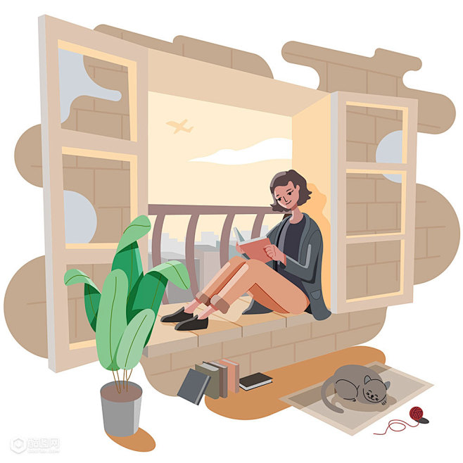女孩女生坐在窗台阅读看书学习插画-插画-...