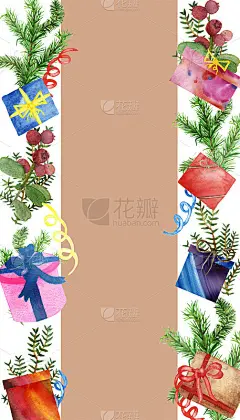 水彩手绘节日庆祝垂直旗帜框架与绿色杉木树枝，多色礼品盒和装饰花环与米色线在中间与文字的空间