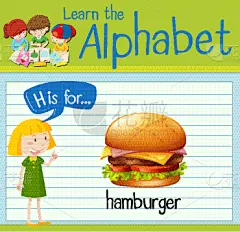 闪卡,牛肉汉堡,英文字母H,可爱的,白色,单词,字母,图像,演讲