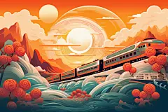 铁路铁轨国潮春运喜庆火车插画