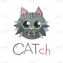 一张有黑猫的明信片。手绘水彩题词“捕捉”和插图与一个有趣的疯狂的小猫在白色的背景。用于海报、t恤、纺