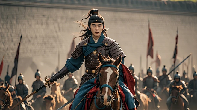 中国一位古代少年将军骑马领军，手拿长剑，带着士兵行军时候的场景，真人实拍，远景，背景城墙,面部细节，超精细 (7)-花瓣网