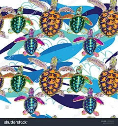 Seamless pattern with little sea turtles. Turtles crawl to the water. Multi-colored print.
