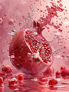 粉色水中的3D石榴，枕形花朵和气泡，一片红色果汁飞溅，飞溅，