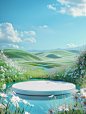 3d cartoon style. A simple circular stage is placed on a grassland with water and flowers. Blue sky background. There are rolling hills in the distance. Vibrant green, fresh spring breath. The Chinese grassland. Center composition. Cartoon style, surreali