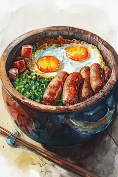 广式腊味木桶饭煲仔饭美食插画