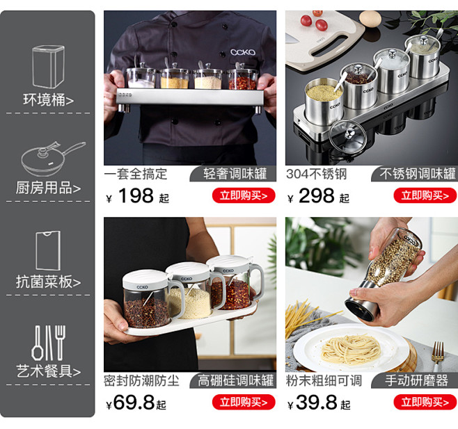 CCKO 德国调味瓶罐套装厨房玻璃不锈钢...