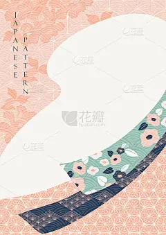日本图案与几何背景向量。复古风格的丝带装饰与线条元素。牡丹花卉插图。