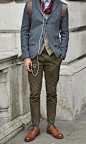 Wallace & Barnes Pants (Olive)  H Leather Keychain (Brown)  Secret Wash Shirt (North Sea)  Utility Sportcoat  (Gray)  Flecked Cardigan (Light Tan)  H Scarf (Red/Tan)  Dockers Socks (Blue)  Alden Wingtip (Cavalier Brown)