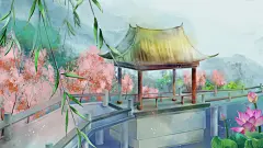 古风山水建筑凉亭荷花风景点插画海报背景