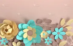 纸上淡雅的粉彩花，米色背景。情人节，复活节，母亲节，结婚贺卡。3d渲染数字春天或夏季鲜花插图在纸艺术