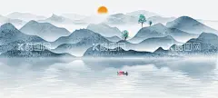 中国风山水画海报  - 源文件下载【酷图网】中国元素,中国风,中国韵味,山水画,高山,大河,太阳,