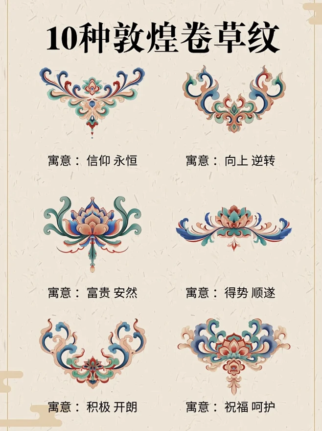 老祖宗惊艳的审美！传统文化之敦煌卷草纹 中国传统图案之一。多取忍冬、荷花、兰花、牡丹等花草，经处理后作“S”形波状曲线排列，构成二方连续图案 ...