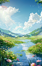 cute green grass and flowers near the river with clouds and sun, background image, in the style of xiaofei yue, soft renderings, uhd image, thomas cole, storybook illustrations, horizons, transparent layers