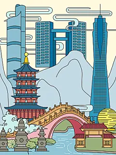 矢量名胜古迹地标城市景点插画背景