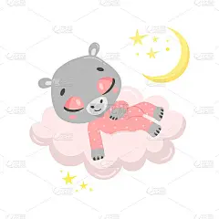 一个可爱的卡通河马睡在云的矢量插图。小动物在睡觉。