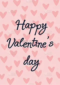 可爱的卡片上写着“情人节快乐”和粉红色背景上的爱心。平面矢量手绘插图。