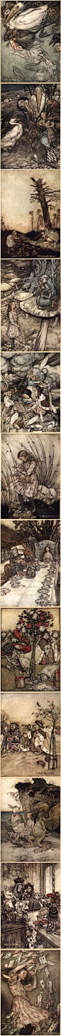 插画家园：100年前的爱丽丝手稿——作者Arthur Rackham（1867—1939），英国著名插画艺术家。1907年《爱丽斯梦游奇境》再版，Rackham为该书绘制插图一举成名。更多：http://t.cn/zWveyha