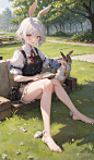 00076-389523313-((masterpiece,best quality)),1girl, solo, animal ears, rabbit, barefoot, knees up, dress, sitting, rabbit ears, short sleeves, l