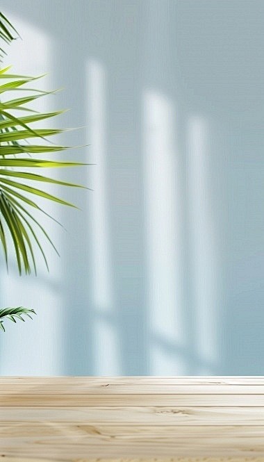蓝绿背景木纹桌面叶子光影背景场景图