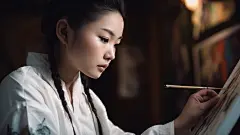 (1/4)一个女孩正在画一幅画，握着一支画笔，采用工笔风格，具有电影般的优雅，我简直无法相信这是多么美丽，32K超高清，韩流，永恒的艺术风格，面部表情生动(AI绘图来自WeDraw.art)
