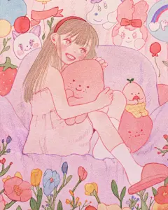 #飞乐鸟分享#  
水彩+色铅笔手绘插画
充满了粉色桃子味儿的女孩儿呀~
插画来自作者Ins：fommy__y ​​​​